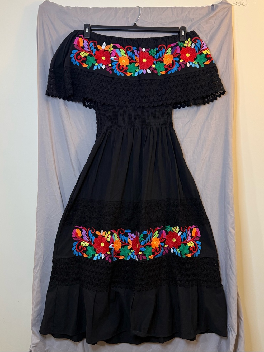 YZXDORWJ Women’s XL Black Floral Embroidered Off-the-Shoulder Cotton Dress